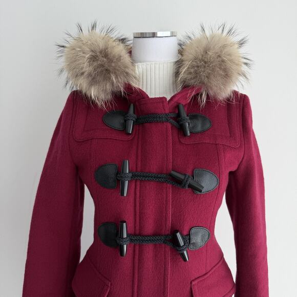 Burberry Brit Blackwell Coat Womens 8 Pink Wool Duffle Toggle Hooded Fur Trim - Picture 2 of 16